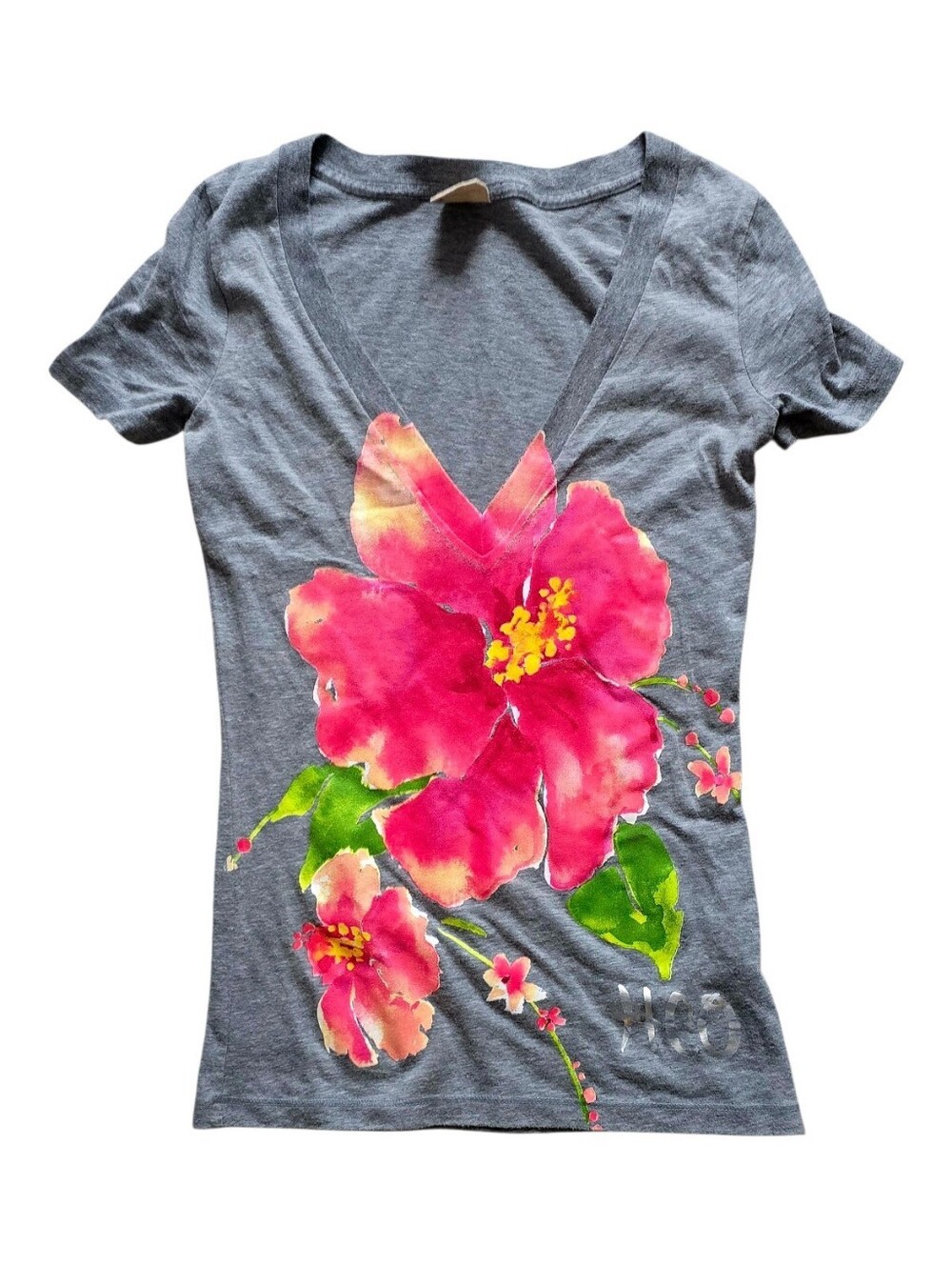 New Women's Hollister Gray Deep V-Neck Tee with Pink Floral Print XS